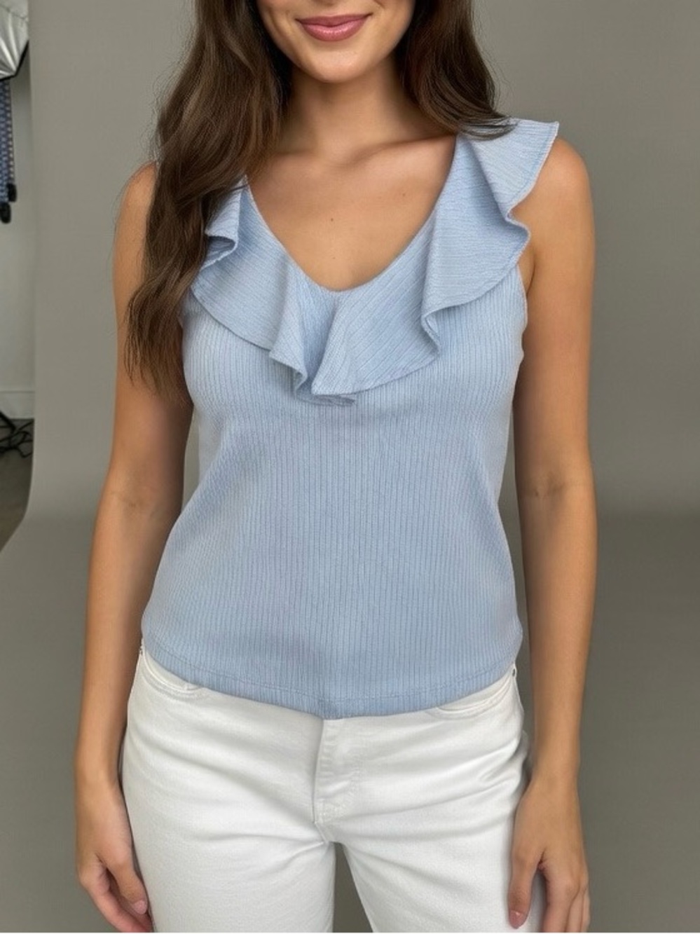 Joe Fresh Light Blue Ruffle V-Neck Knit Tank
